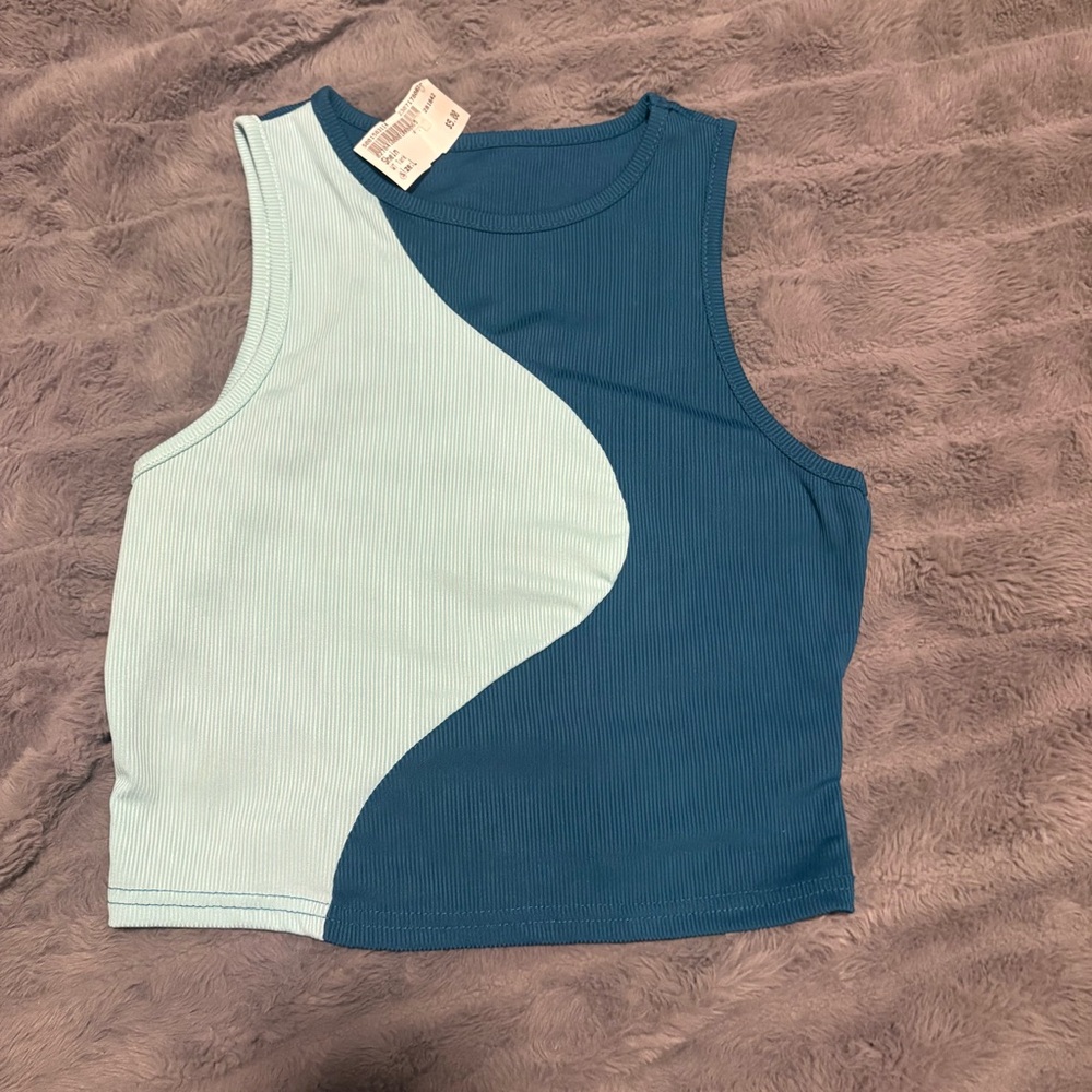 Two-Tone Ribbed Crop Tank - Light Mint & Teal